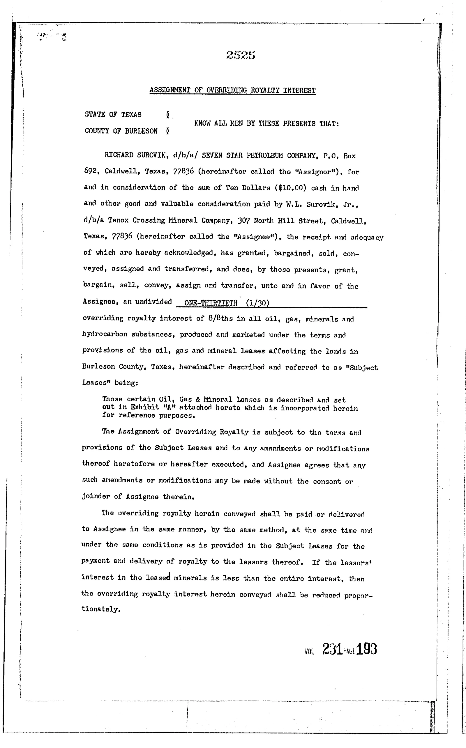 Seven Star Petroleum Company - Recorded Asg Orr Royalty Intr (Vol. 231, Page 193)