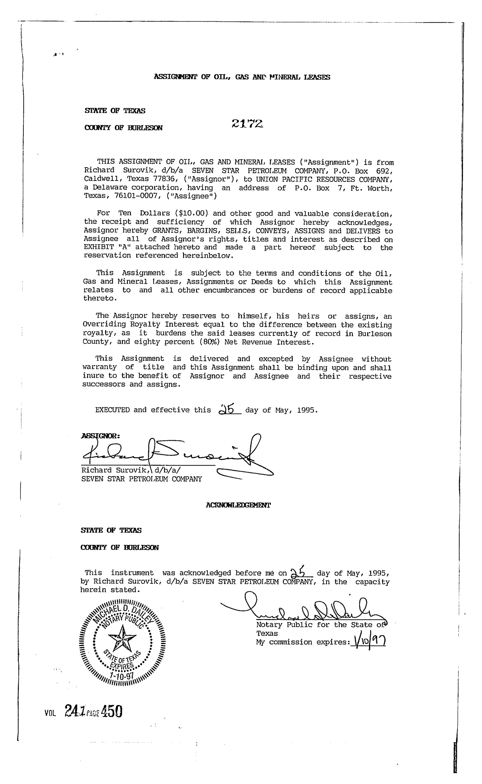 Seven Star Petroleum Company - Recorded Assignment Of Leases (Vol. 241, Page 450)
